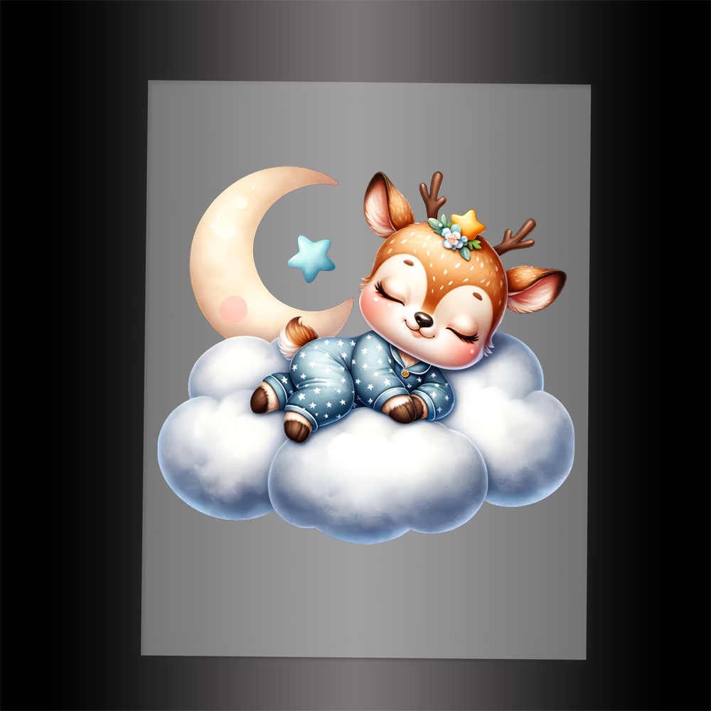 (DTF-1001) DEER IN PJ'S SLEEPING ON A CLOUD - Garment Transfer
