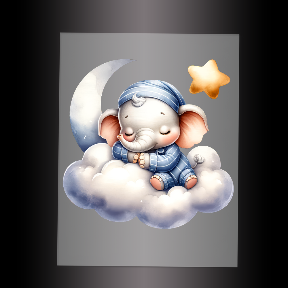 (DTF-1002) ELEPHANT IN PJ'S SLEEPING ON A CLOUD - Garment Transfer