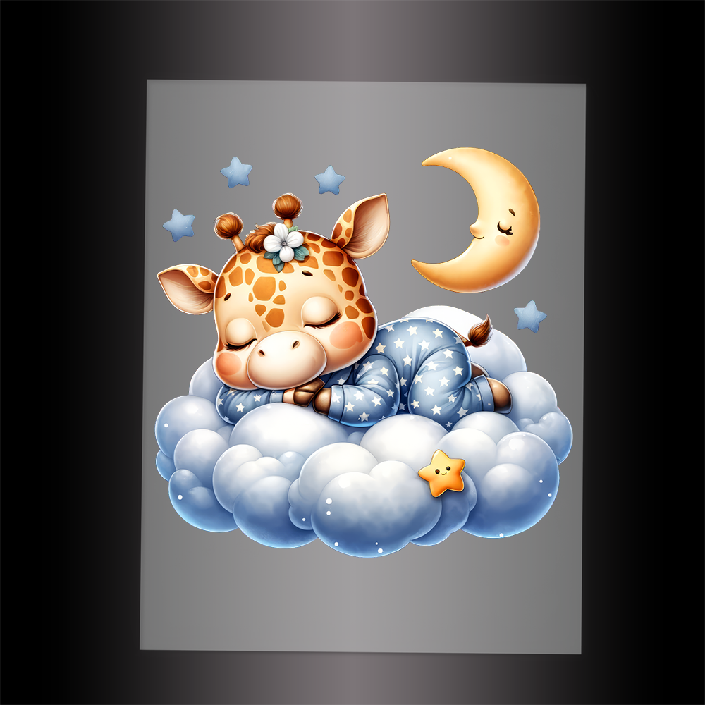 (DTF-1003) GIRAFFE IN PJ'S SLEEPING ON A CLOUD - Garment Transfer