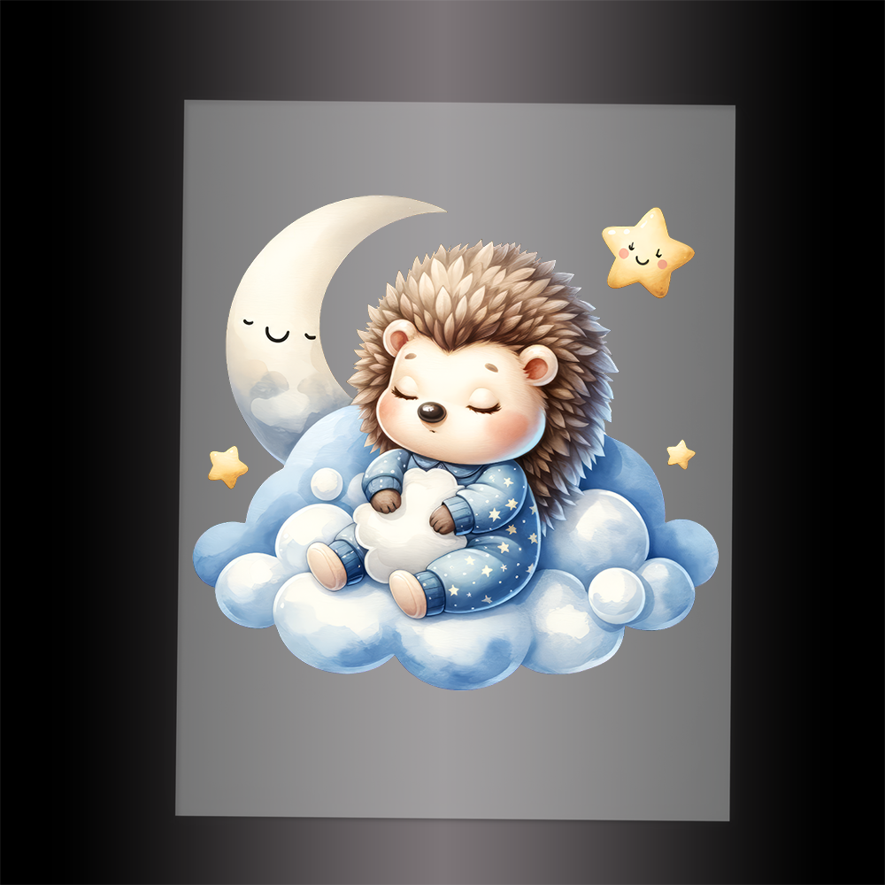 (DTF-1004) HEDGEHOG IN PJ'S SLEEPING ON A CLOUD - Garment Transfer