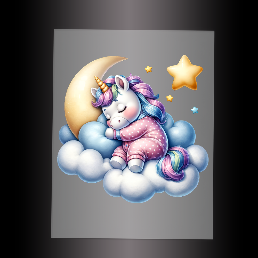 (DTF-1017) UNICORN IN PJ'S SLEEPING ON A CLOUD - Garment Transfer