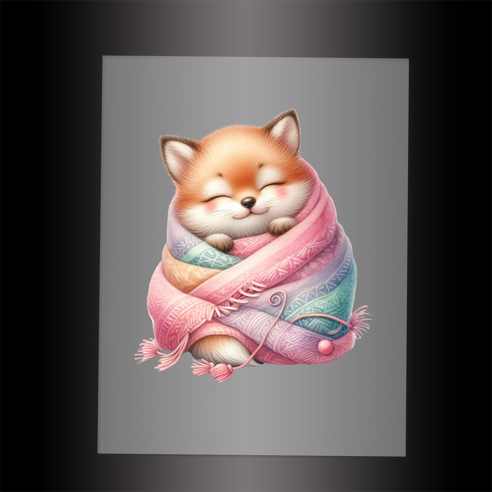 (DTF-1043) SLEEPING FOX IN BLANKET - Garment Transfer