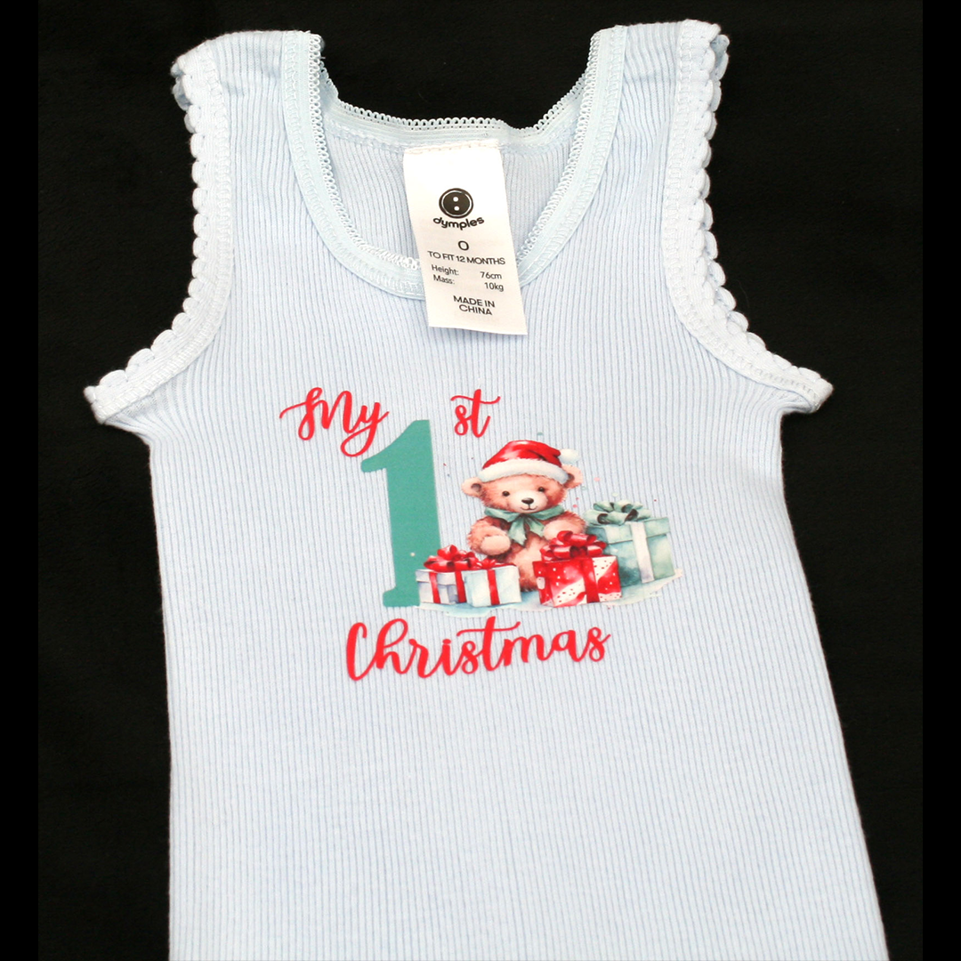 SINGLET BLUE - 1ST CHRISTMAS TEAL & RED - CHRISTMAS BEAR