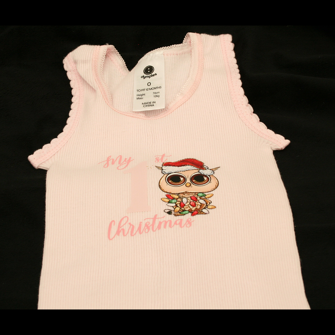 SINGLET PINK - 1ST CHRISTMAS PINK - CHRISTMAS OWL 2