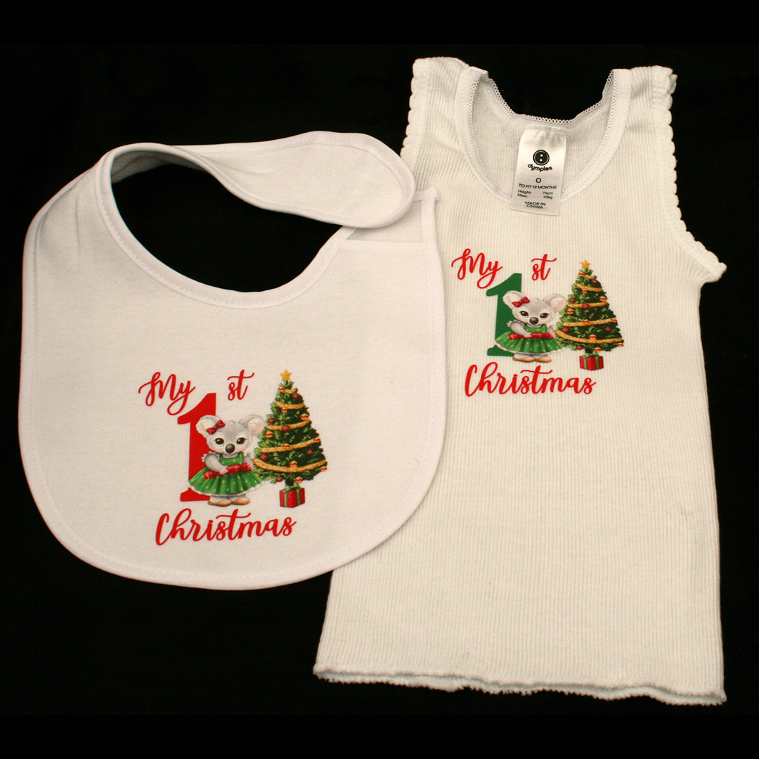 AUSTRALIANA - MY 1ST CHRISTMAS GREEN & RED - CHRISTMAS KOALA - Singlet & Bib SET