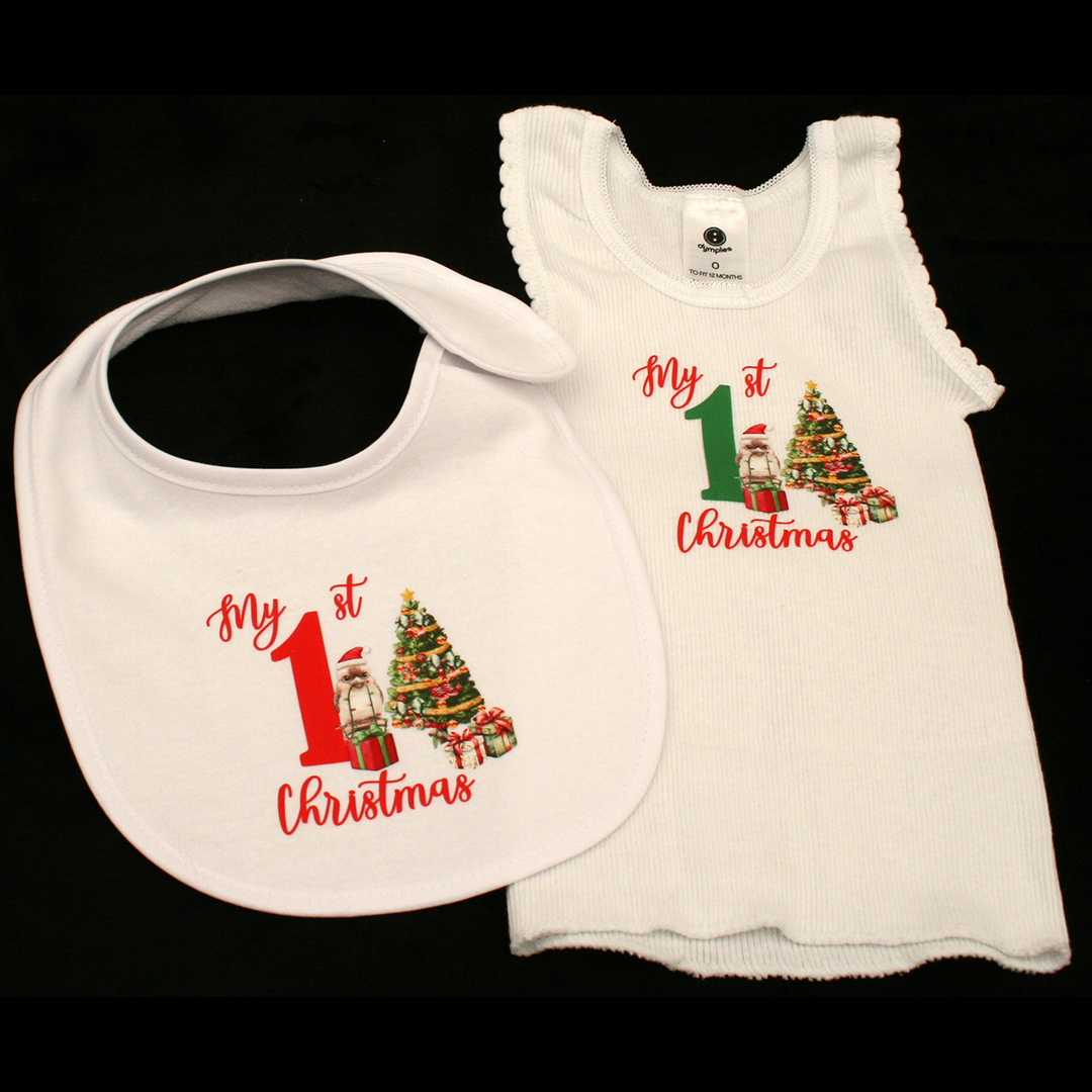 AUSTRALIANA - MY 1ST CHRISTMAS GREEN & RED - CHRISTMAS KOOKABURRA - Singlet & Bib SET