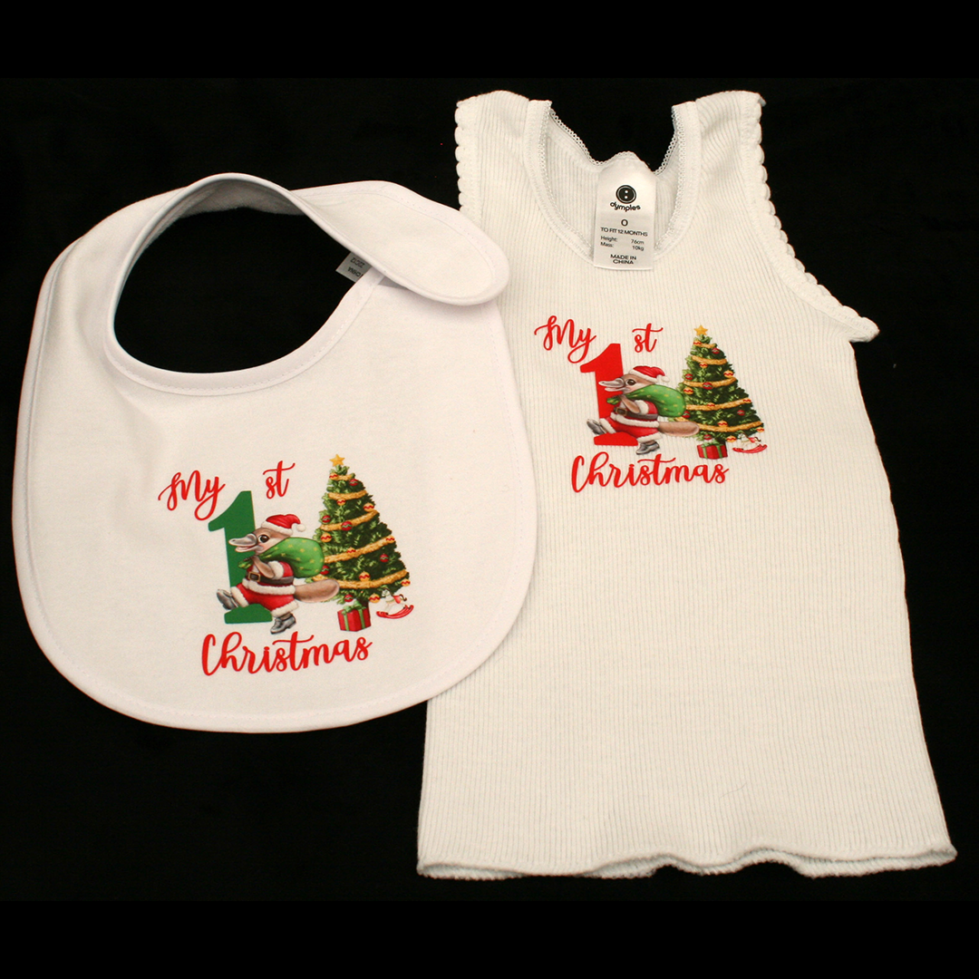 AUSTRALIANA - MY 1ST CHRISTMAS GREEN & RED - SANTA PLATYPUS - Singlet & Bib SET