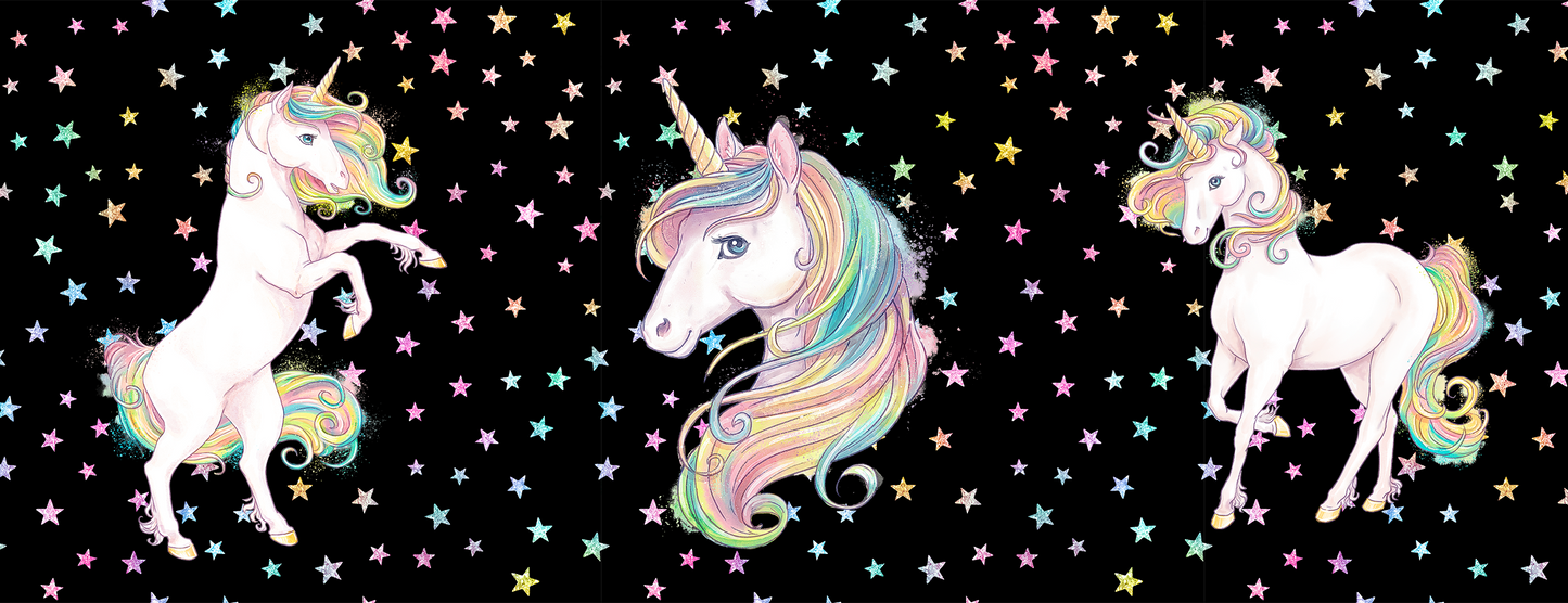 UNICORN MUG - GLITTER STARS BLACK - REARING, HEAD, STANDING