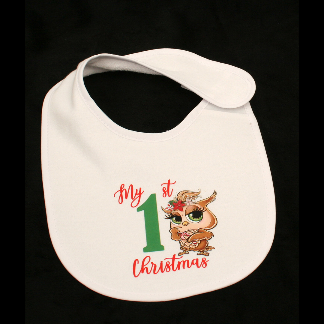BIB WHITE - MY 1ST CHRISTMAS GREEN & RED - CHRISTMAS OWL 1