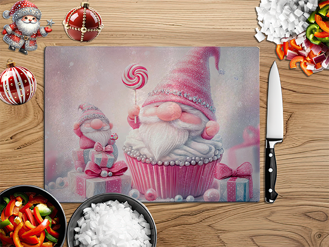 Christmas Gnomes Pink | Glass Chopping Board | Asst Designs