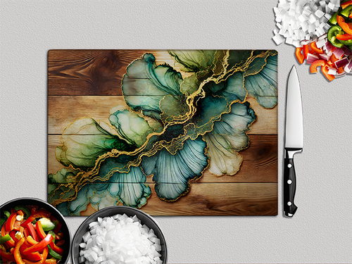 Teal & Gold Ink Ripple | Glass Chopping Board