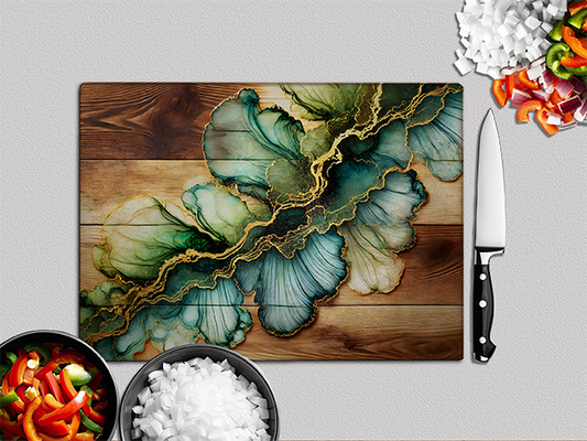 Teal & Gold Ink Ripple | Glass Chopping Board
