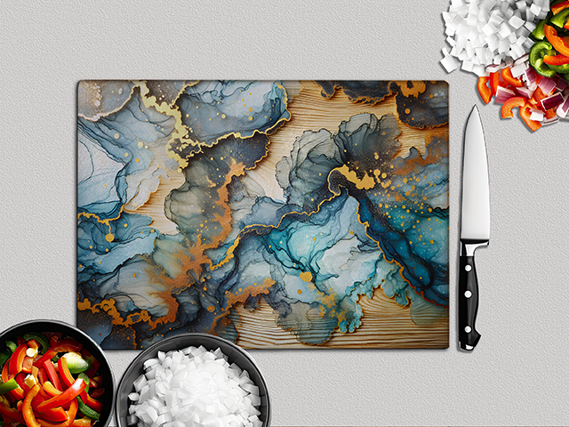 Aqua & Gold Ink Flow | Glass Chopping Board