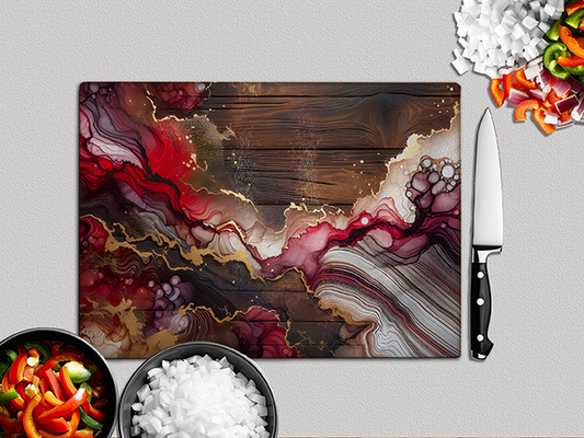 Red & Gold Ink Flow | Glass Chopping Board