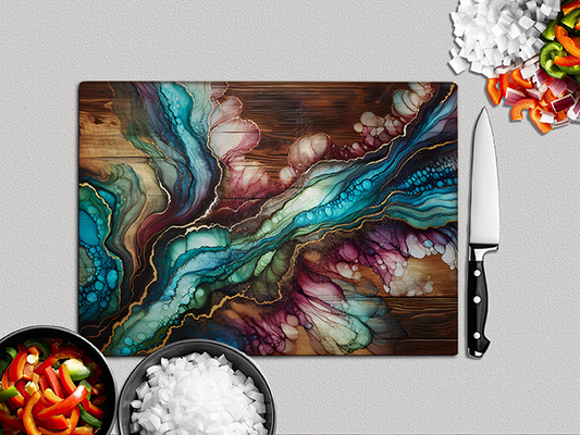 Teal & Gold Ink Flow | Glass Chopping Board