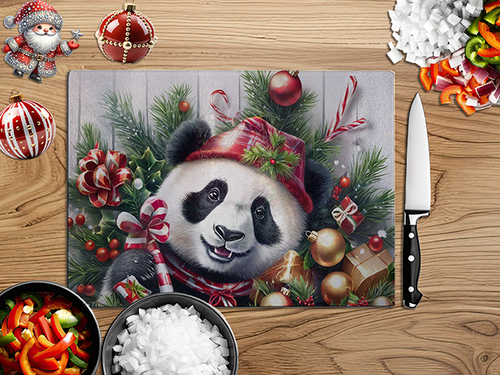 Christmas Panda Holly | Glass Chopping Board