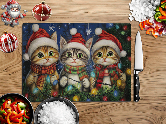 Christmas Kittens in Santa Hat 2 | Glass Chopping Board