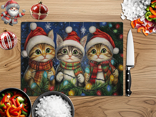 Christmas Kittens in Santa Hat 2 | Glass Chopping Board