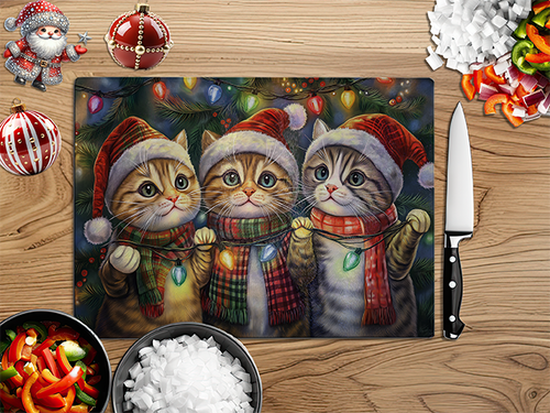 Christmas Kittens in Santa Hat | Glass Chopping Board