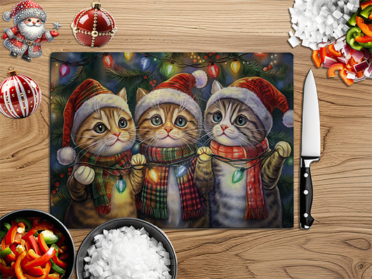 Christmas Kittens in Santa Hat | Glass Chopping Board