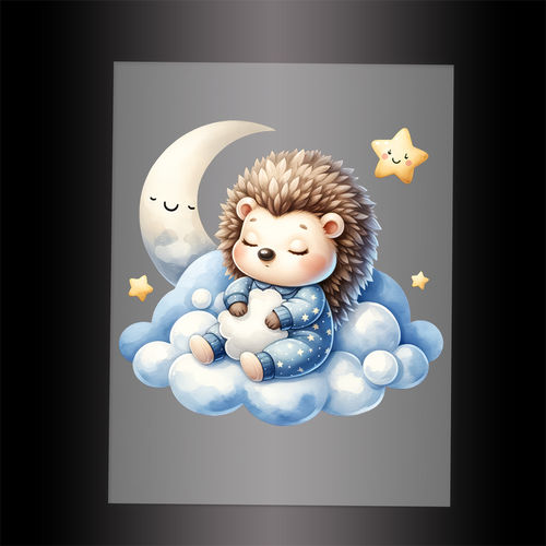 (DTF-1004) HEDGEHOG IN PJ'S SLEEPING ON A CLOUD - Garment Transfer