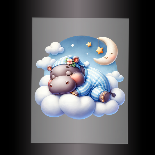 (DTF-1005) HIPPO IN PJ'S SLEEPING ON A CLOUD - Garment Transfer