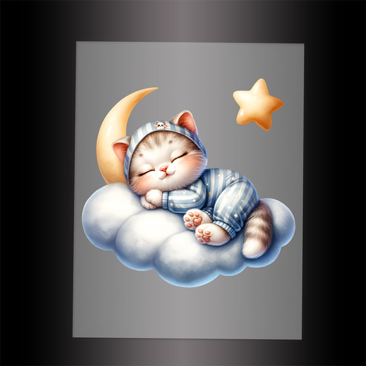 (DTF-1006) KITTEN IN PJ'S SLEEPING ON A CLOUD - Garment Transfer