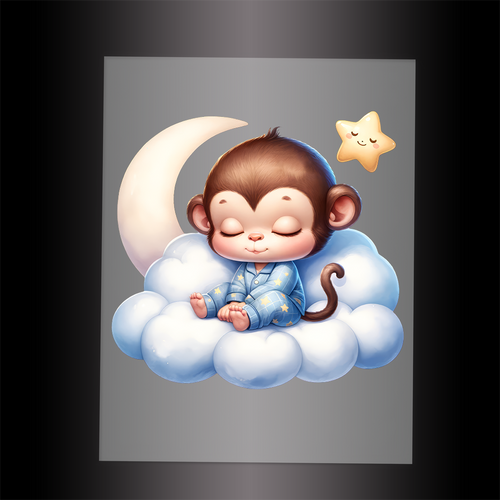 (DTF-1009) MONKEY IN PJ'S SLEEPING ON A CLOUD - Garment Transfer