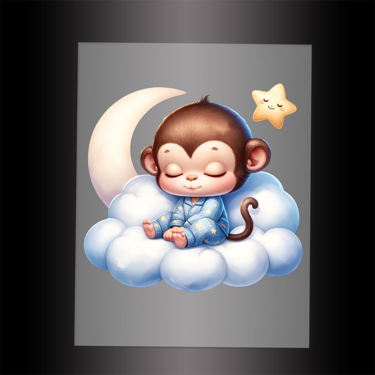 (DTF-1009) MONKEY IN PJ'S SLEEPING ON A CLOUD - Garment Transfer