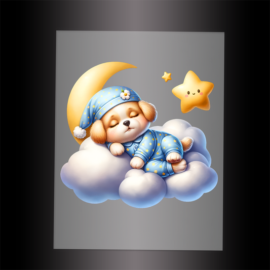 (DTF-1011) PUPPY IN PJ'S SLEEPING ON A CLOUD - Garment Transfer