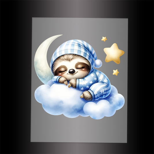 (DTF-1014) SLOTH IN PJ'S SLEEPING ON A CLOUD - Garment Transfer