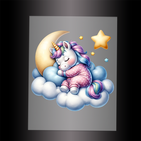 (DTF-1017) UNICORN IN PJ'S SLEEPING ON A CLOUD - Garment Transfer