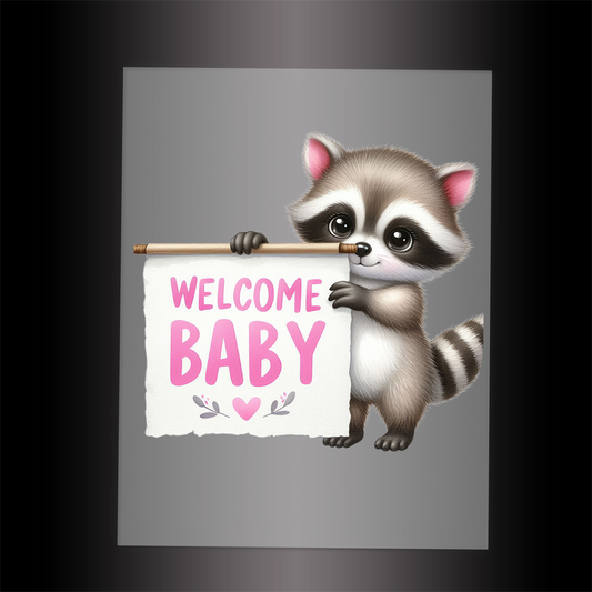 (DTF-1155) RACCOON - WELCOME BABY PINK - Garment Transfer