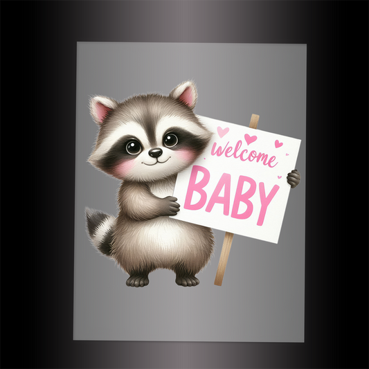 (DTF-1160) RACCOON - WELCOME BABY PINK - Garment Transfer
