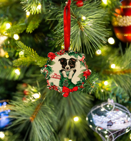 Hanging Ornament - Snowflake - Border Collie Puppy in Stocking