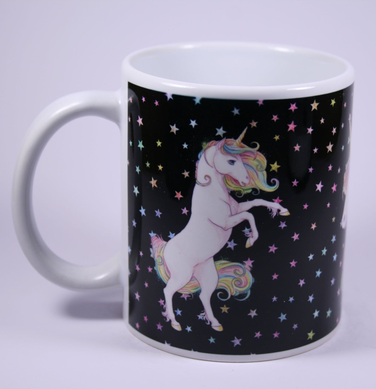 UNICORN MUG - GLITTER STARS BLACK - REARING, HEAD, STANDING