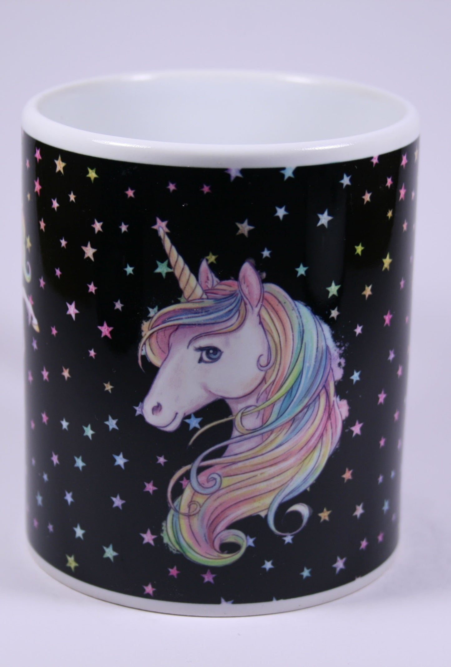 UNICORN MUG - GLITTER STARS BLACK - REARING, HEAD, STANDING