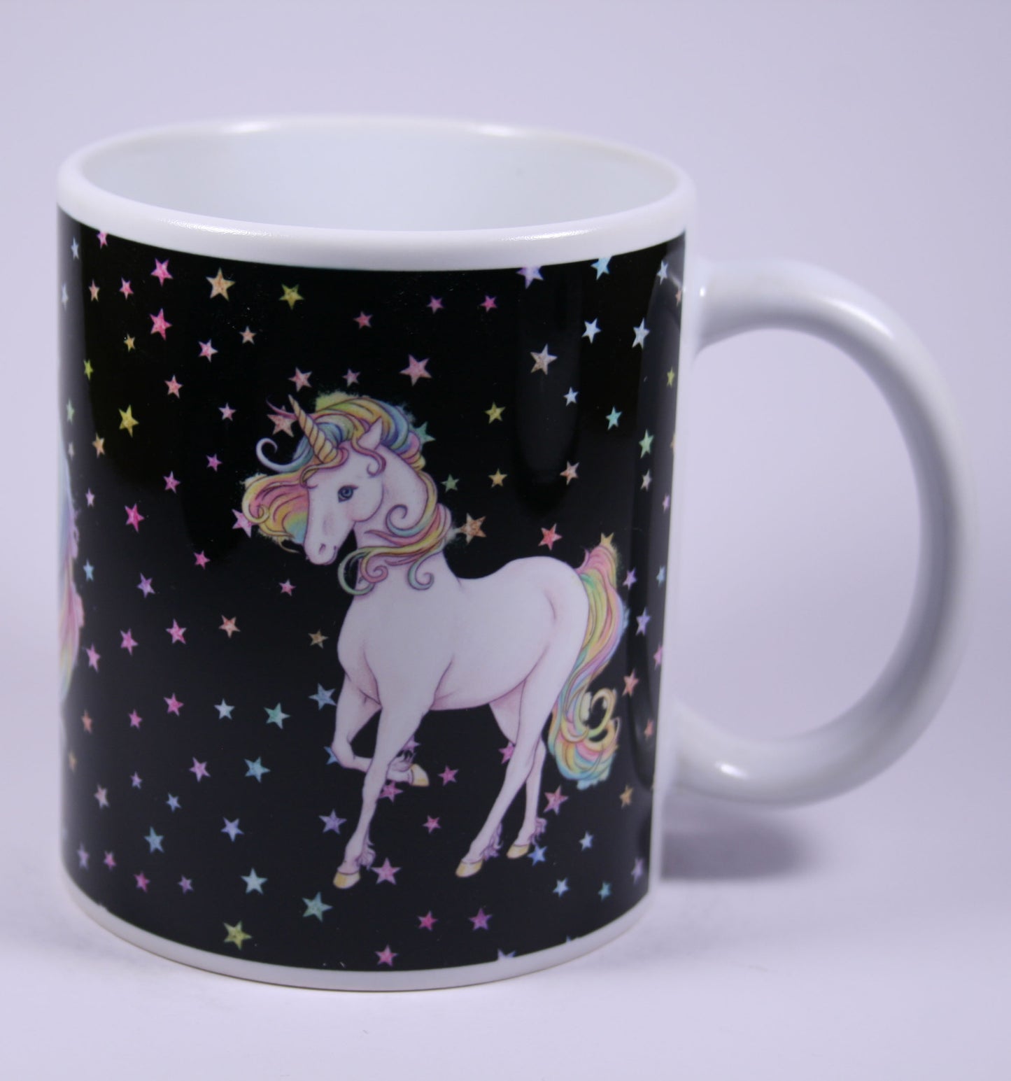UNICORN MUG - GLITTER STARS BLACK - REARING, HEAD, STANDING