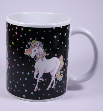 UNICORN MUG - GLITTER STARS BLACK - REARING, HEAD, STANDING