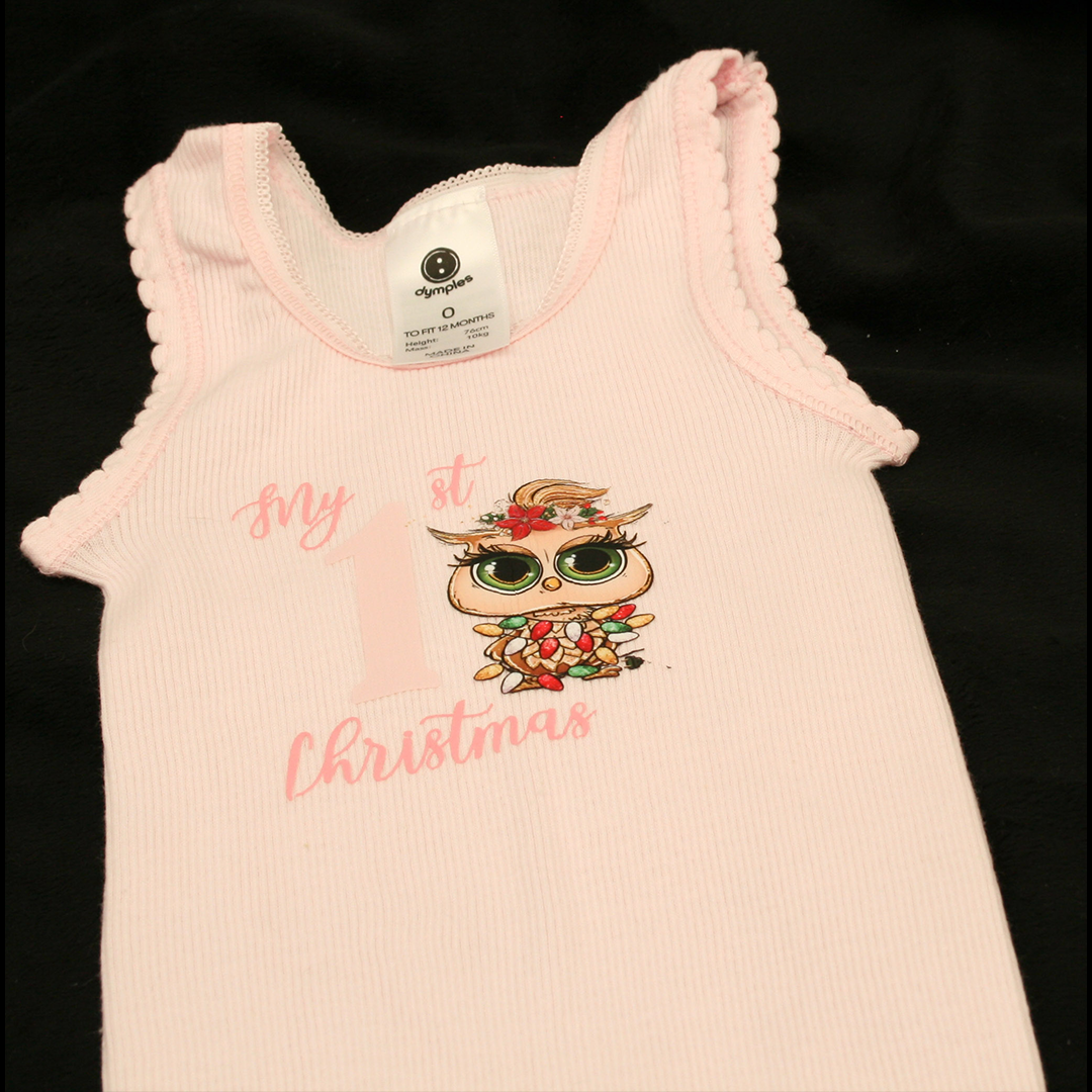 SINGLET PINK - 1ST CHRISTMAS PINK - CHRISTMAS OWL 1