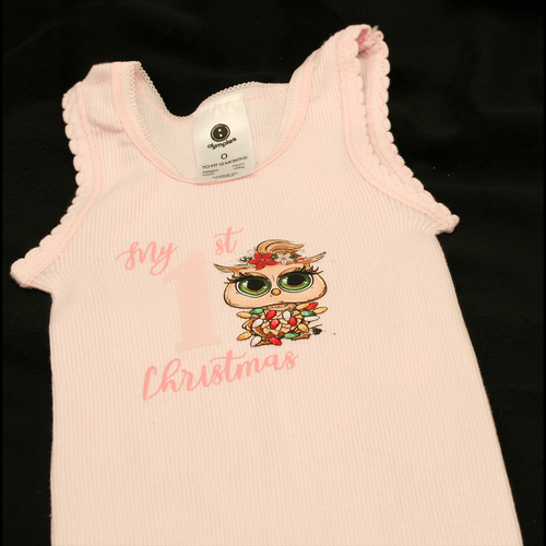 SINGLET PINK - 1ST CHRISTMAS PINK - CHRISTMAS OWL 1