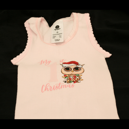 SINGLET PINK - 1ST CHRISTMAS PINK - CHRISTMAS OWL 2