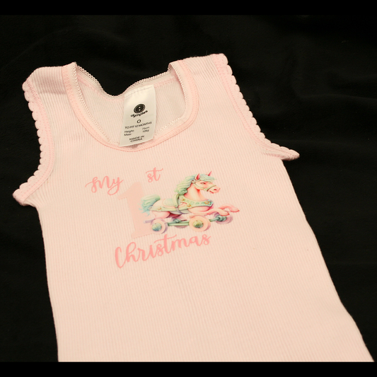 SINGLET PINK - 1ST CHRISTMAS PINK - ROCKING HORSE
