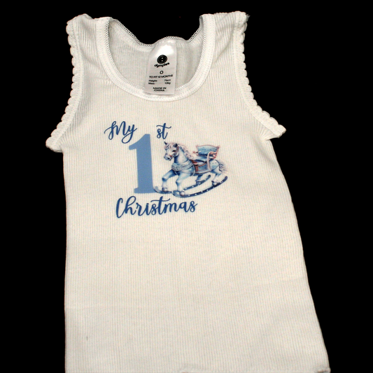 SINGLET WHITE - 1ST CHRISTMAS BLUE - ROCKING HORSE