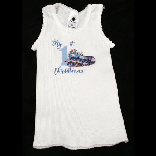 SINGLET WHITE - 1ST CHRISTMAS BLUE - TRAIN