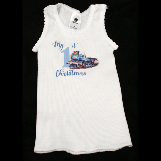 SINGLET WHITE - 1ST CHRISTMAS BLUE - TRAIN
