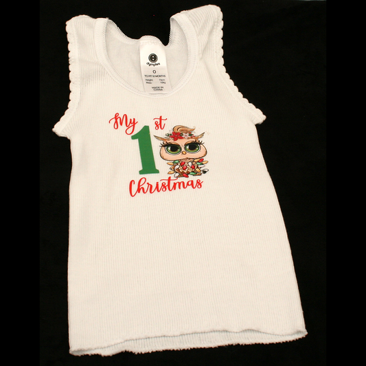 SINGLET WHITE - 1ST CHRISTMAS GREEN & RED - CHRISTMAS OWL 1