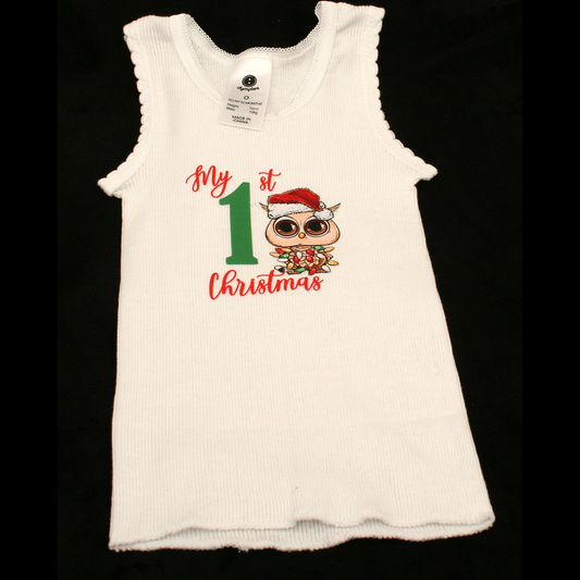 SINGLET WHITE - 1ST CHRISTMAS GREEN & RED - CHRISTMAS OWL 2