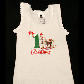 SINGLET WHITE - 1ST CHRISTMAS GREEN & RED - ROCKING HORSE