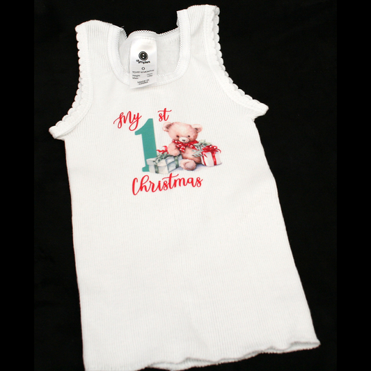SINGLET WHITE - 1ST CHRISTMAS TEAL & RED - CHRISTMAS BEAR 2